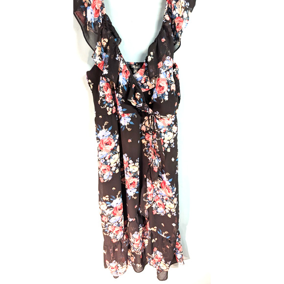 Lily Rose Woman’s Black Floral V Neck Stretch Ruffle Strap Midi Dress XXL - Picture 1 of 5